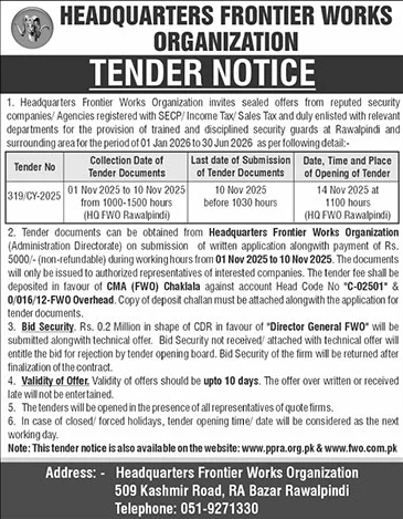 Frontier Works Organization Rawalpindi Tender Notice